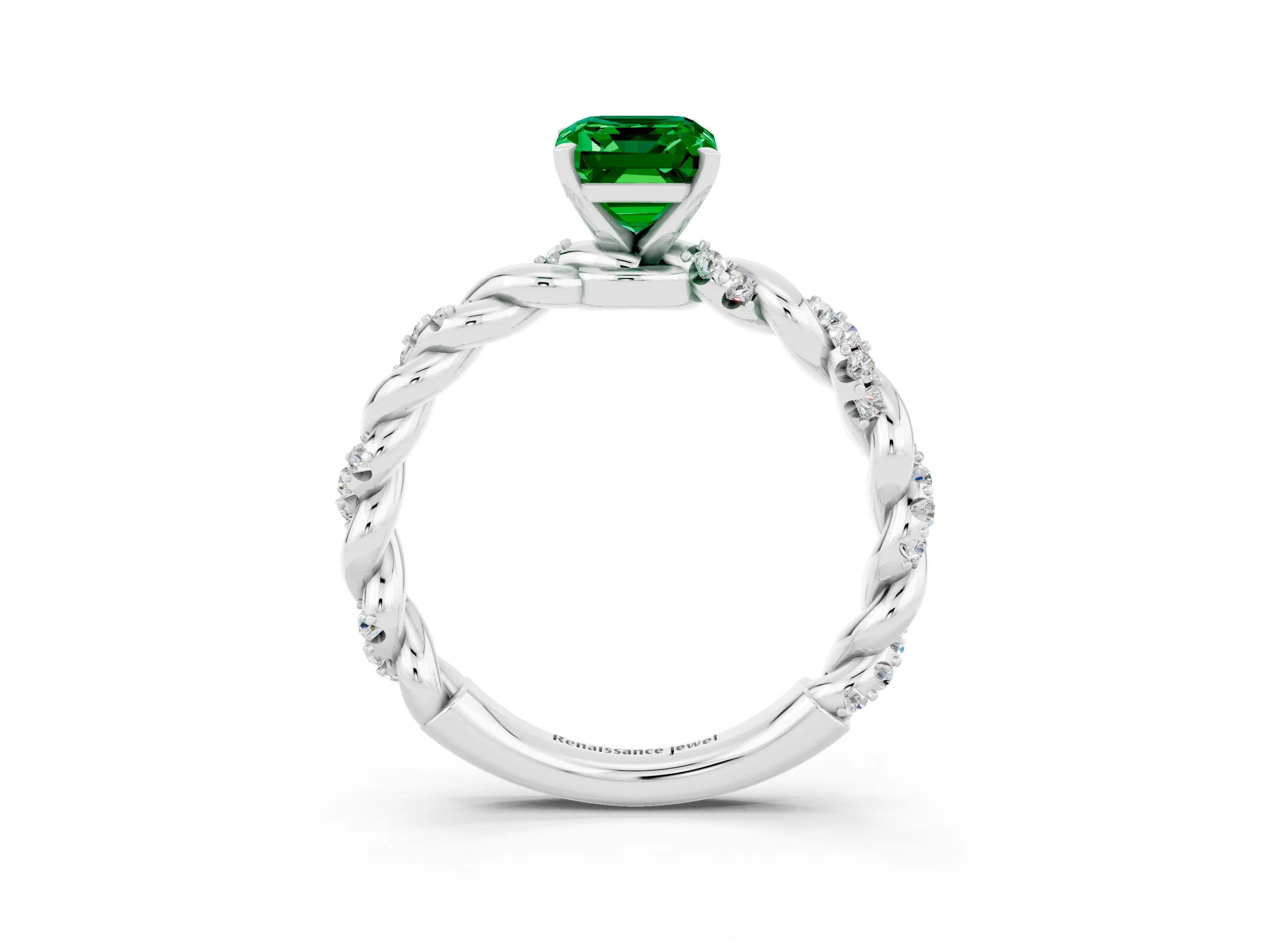 White gold Emerald Cut Emerald Solitaire Ring with Twisted Band and Pavé Accents_3