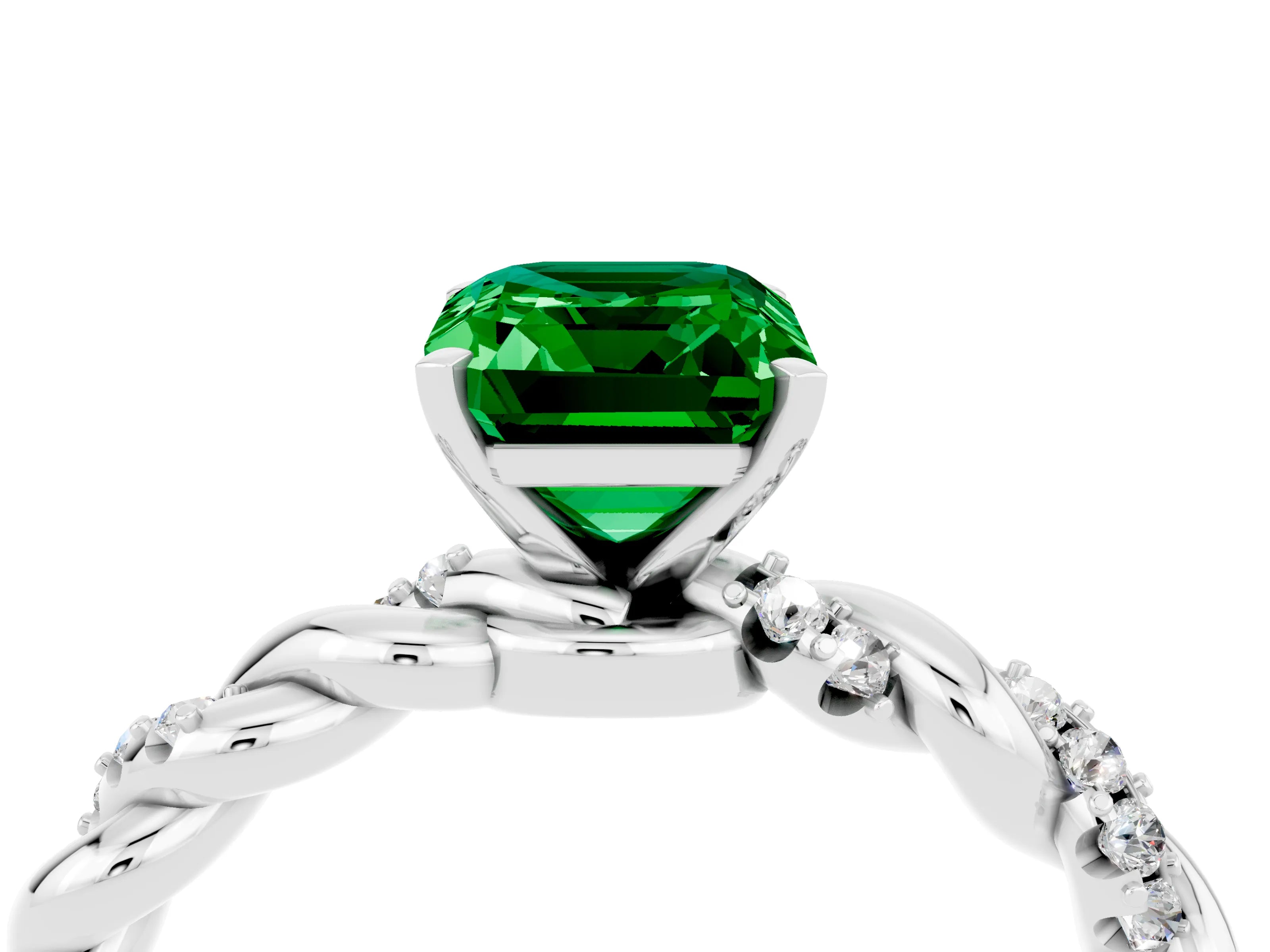 White gold Emerald Cut Emerald Solitaire Ring with Twisted Band and Pavé Accents_4