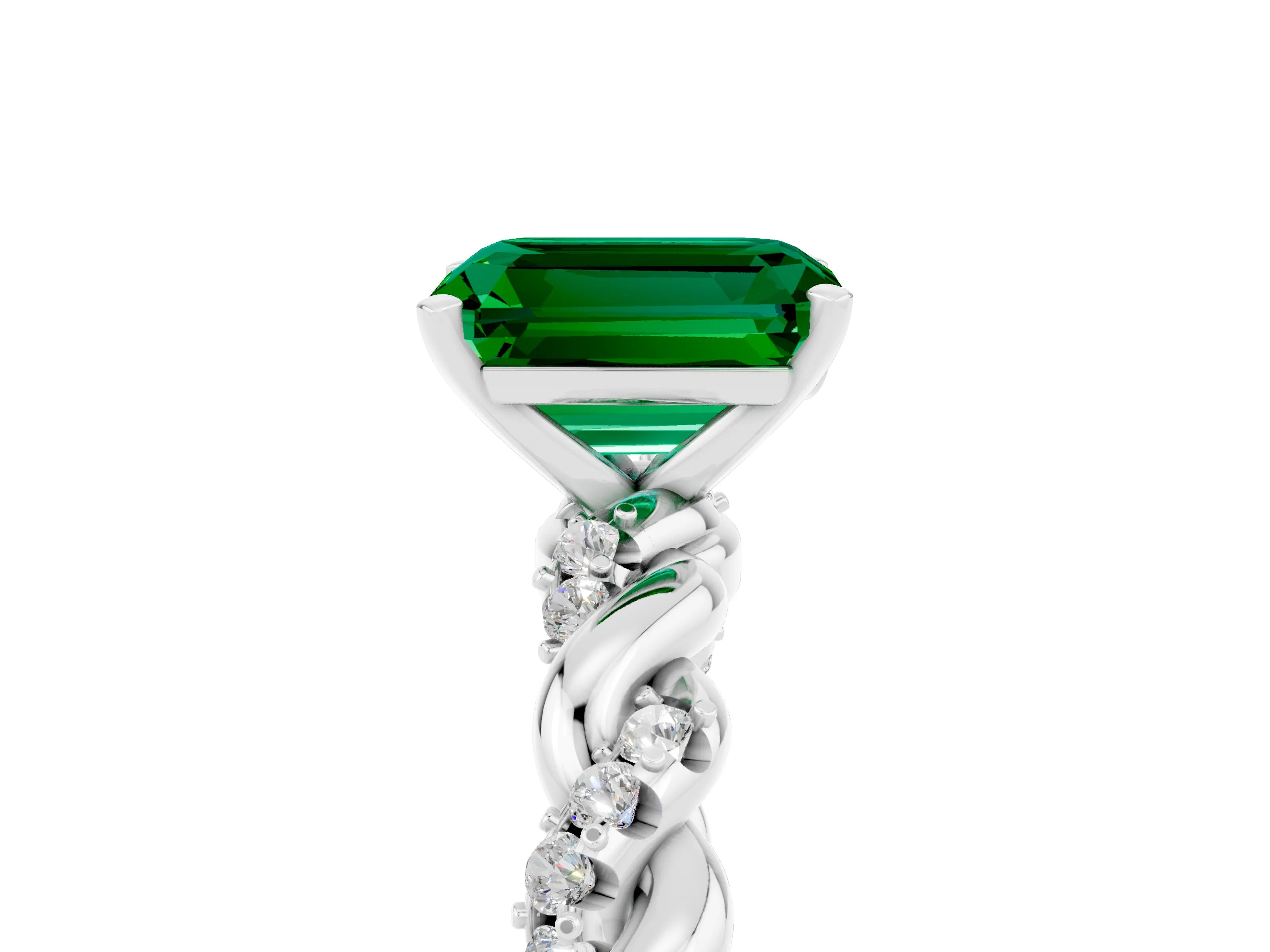 White gold Emerald Cut Emerald Solitaire Ring with Twisted Band and Pavé Accents_5