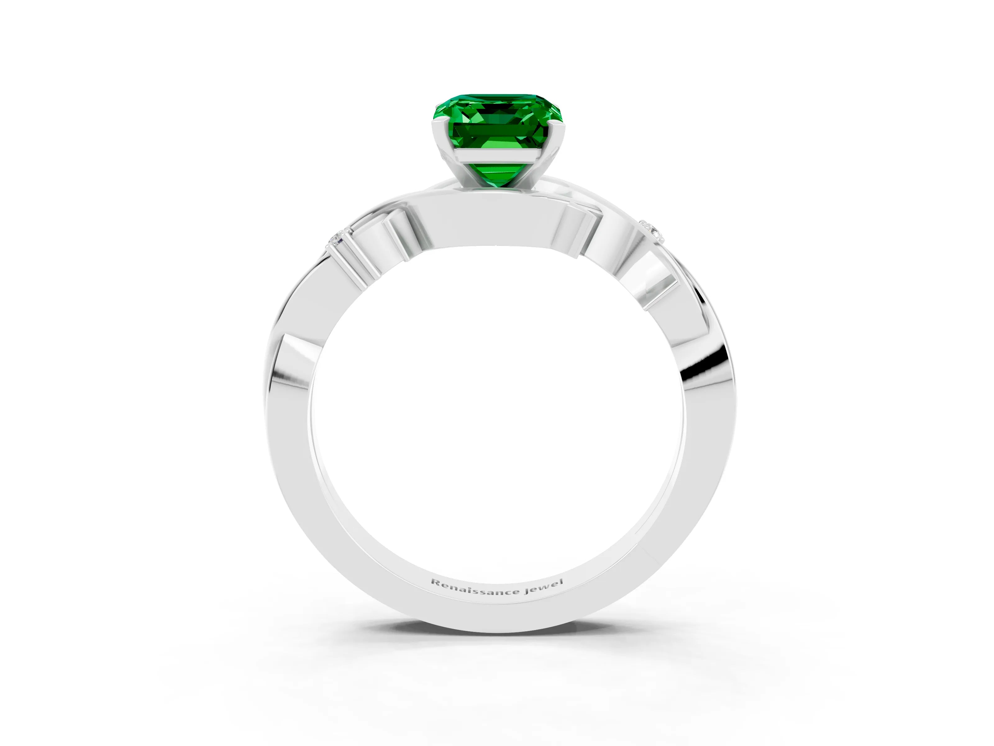 White gold Emerald Cut Emerald Solitaire Ring with Twisted Band and Prong Setting_15