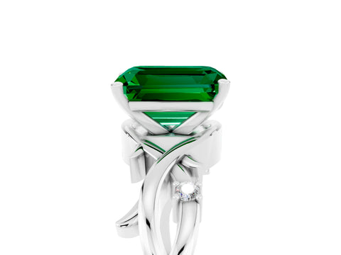 White gold Emerald Cut Emerald Solitaire Ring with Twisted Band and Prong Setting_17