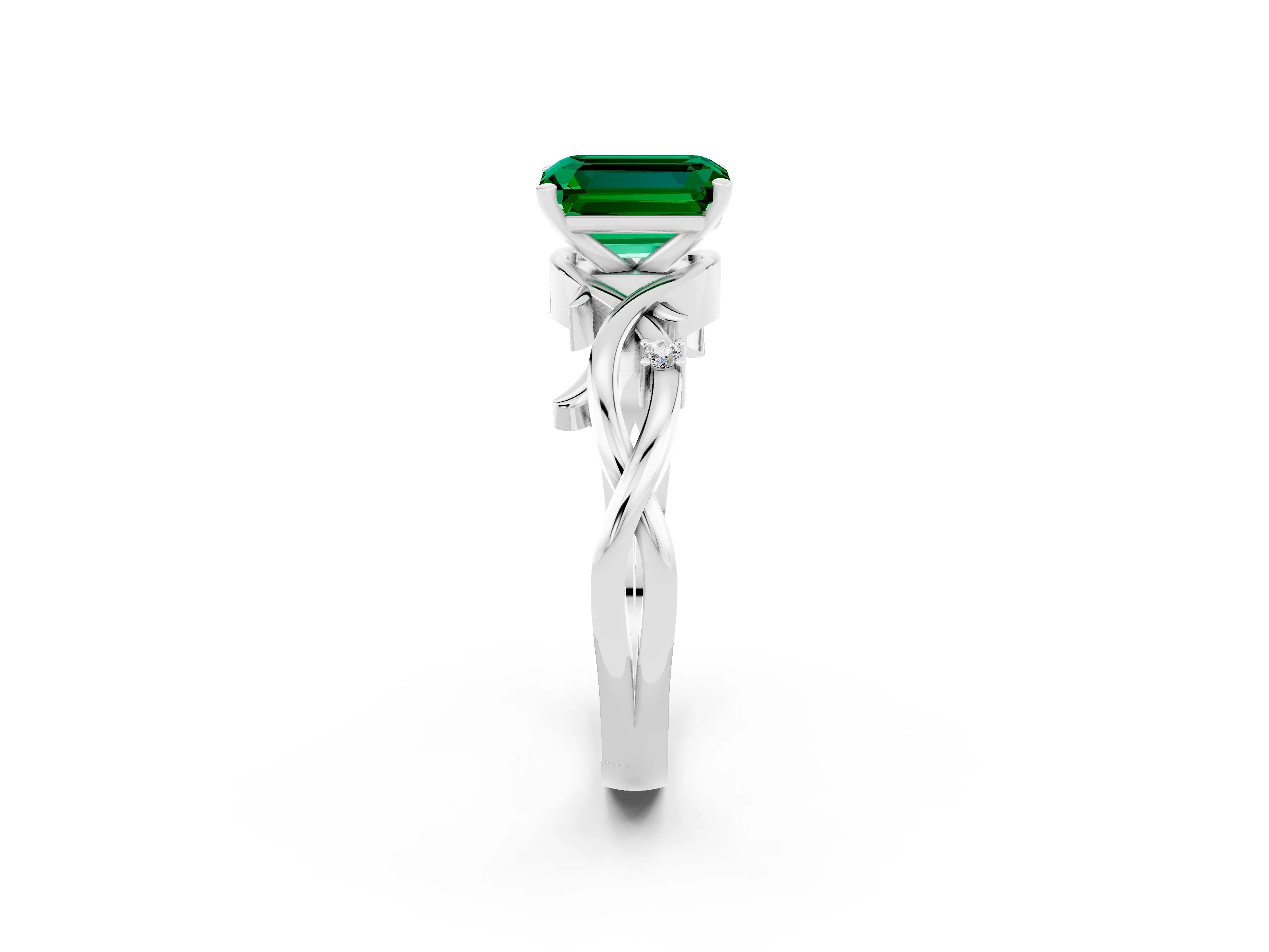 White gold Emerald Cut Emerald Solitaire Ring with Twisted Band and Prong Setting_2