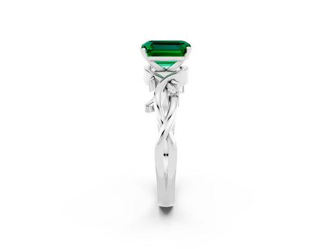 White gold Emerald Cut Emerald Solitaire Ring with Twisted Band and Prong Setting_2