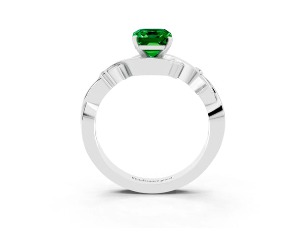 Platinum Emerald Cut Emerald Solitaire Ring with Twisted Band and Prong Setting