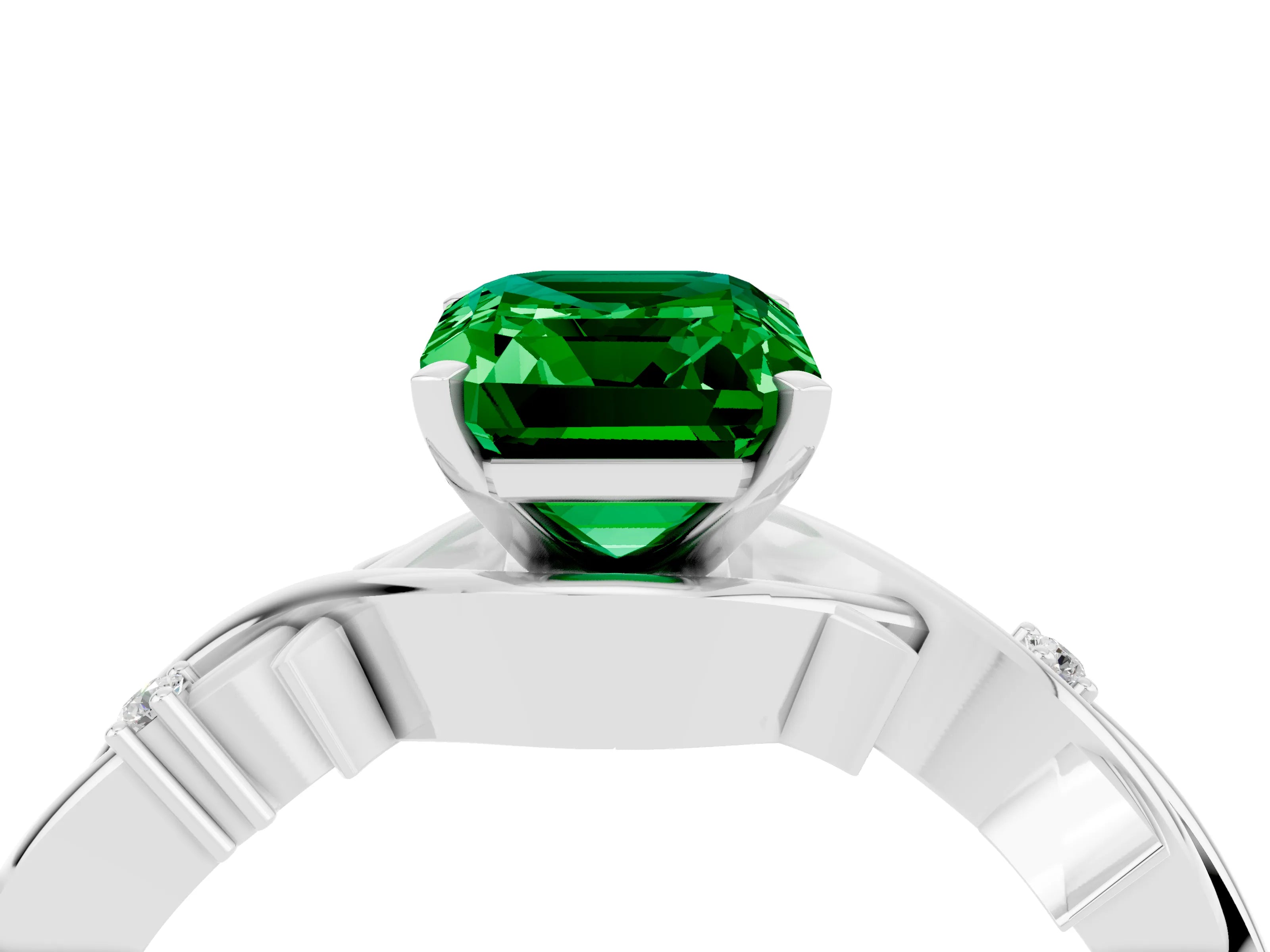 White gold Emerald Cut Emerald Solitaire Ring with Twisted Band and Prong Setting_4