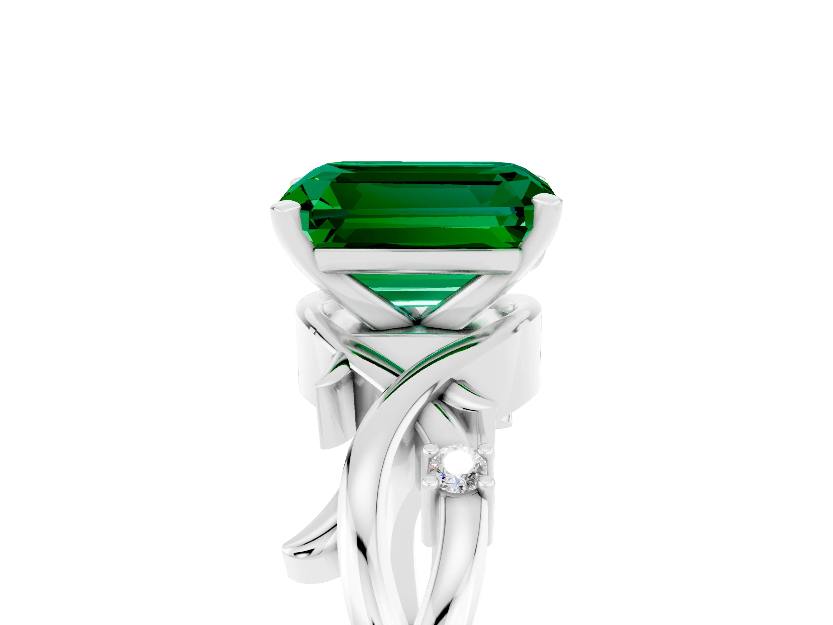 White gold Emerald Cut Emerald Solitaire Ring with Twisted Band and Prong Setting_5