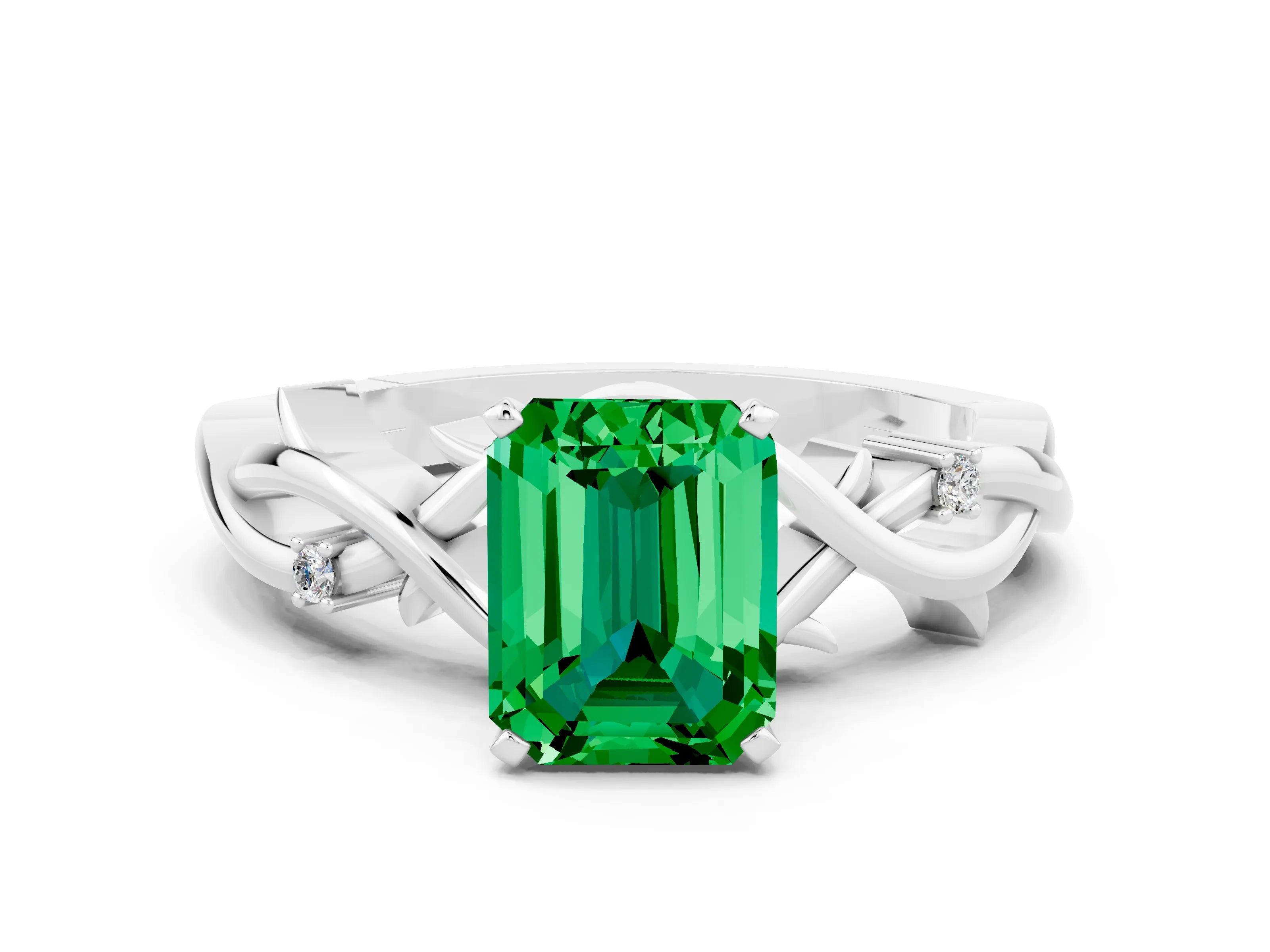 White gold Emerald Cut Emerald Solitaire Ring with Twisted Band and Prong Setting