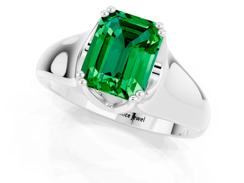 White gold Emerald Cut Emerald Solitaire Ring with Wide Band and Prong Setting_1