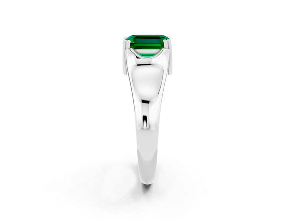 Silver Emerald Cut Emerald Solitaire Ring with Wide Band and Prong Setting
