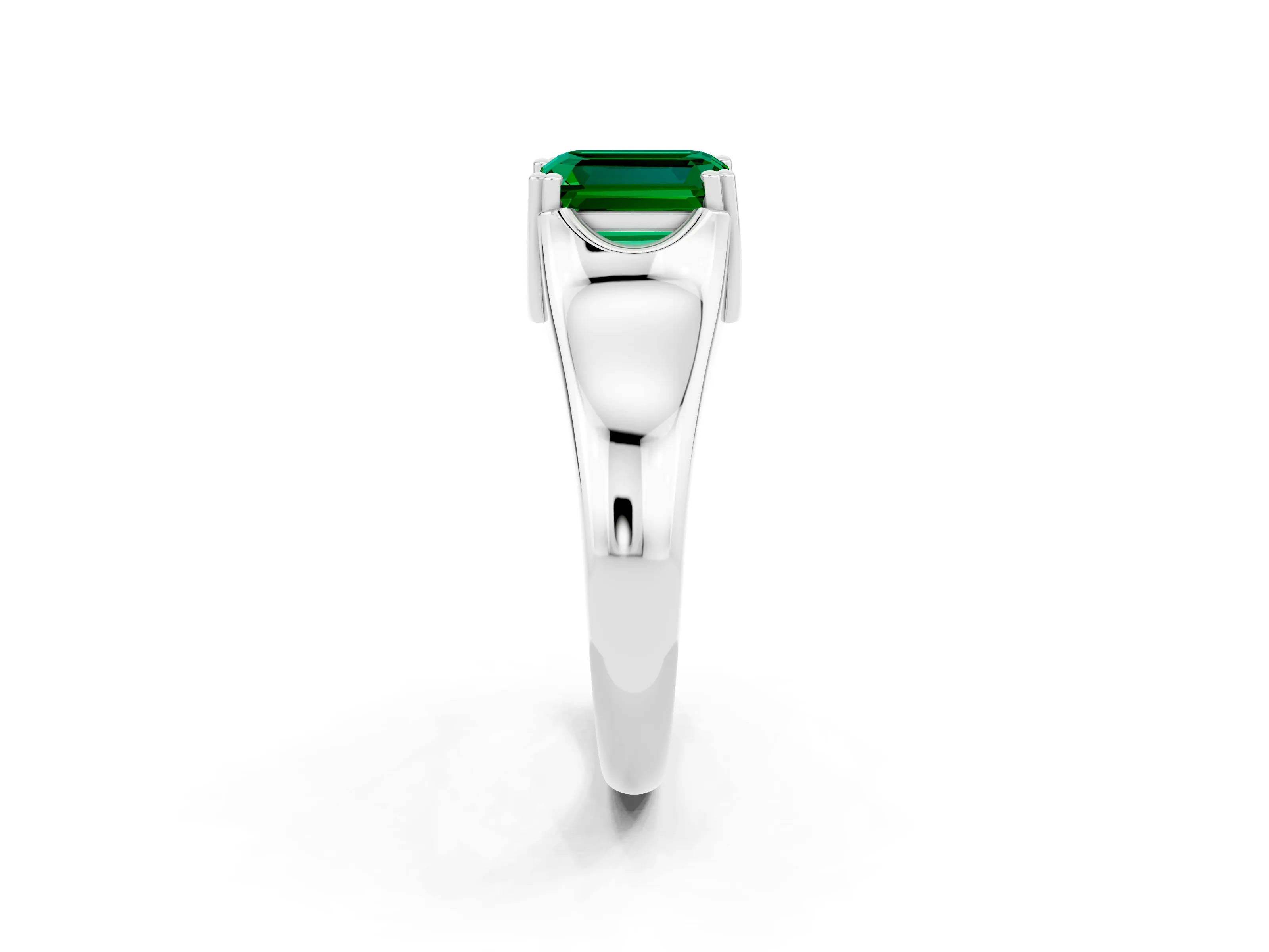 White gold Emerald Cut Emerald Solitaire Ring with Wide Band and Prong Setting_2