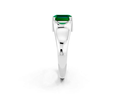 White gold Emerald Cut Emerald Solitaire Ring with Wide Band and Prong Setting_2