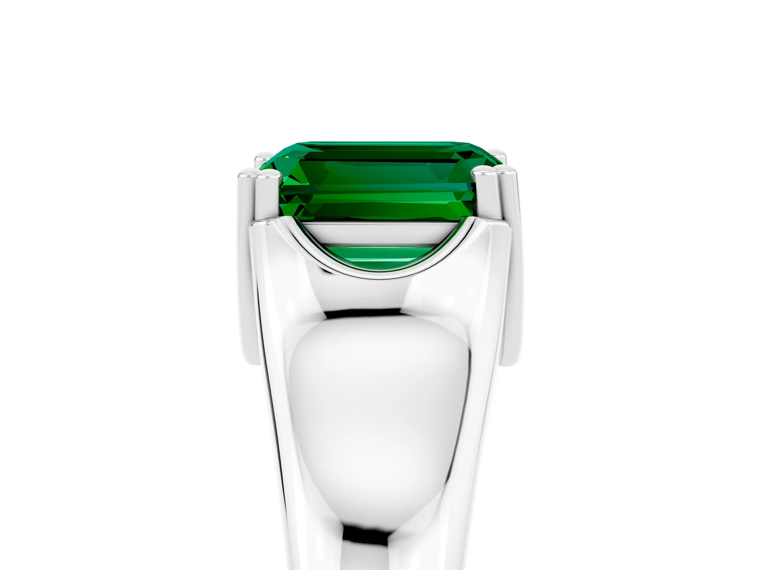White gold Emerald Cut Emerald Solitaire Ring with Wide Band and Prong Setting_5