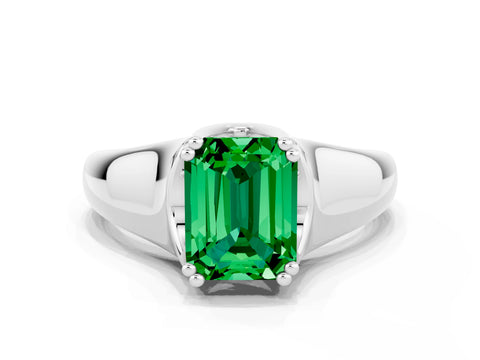 White gold Emerald Cut Emerald Solitaire Ring with Wide Band and Prong Setting