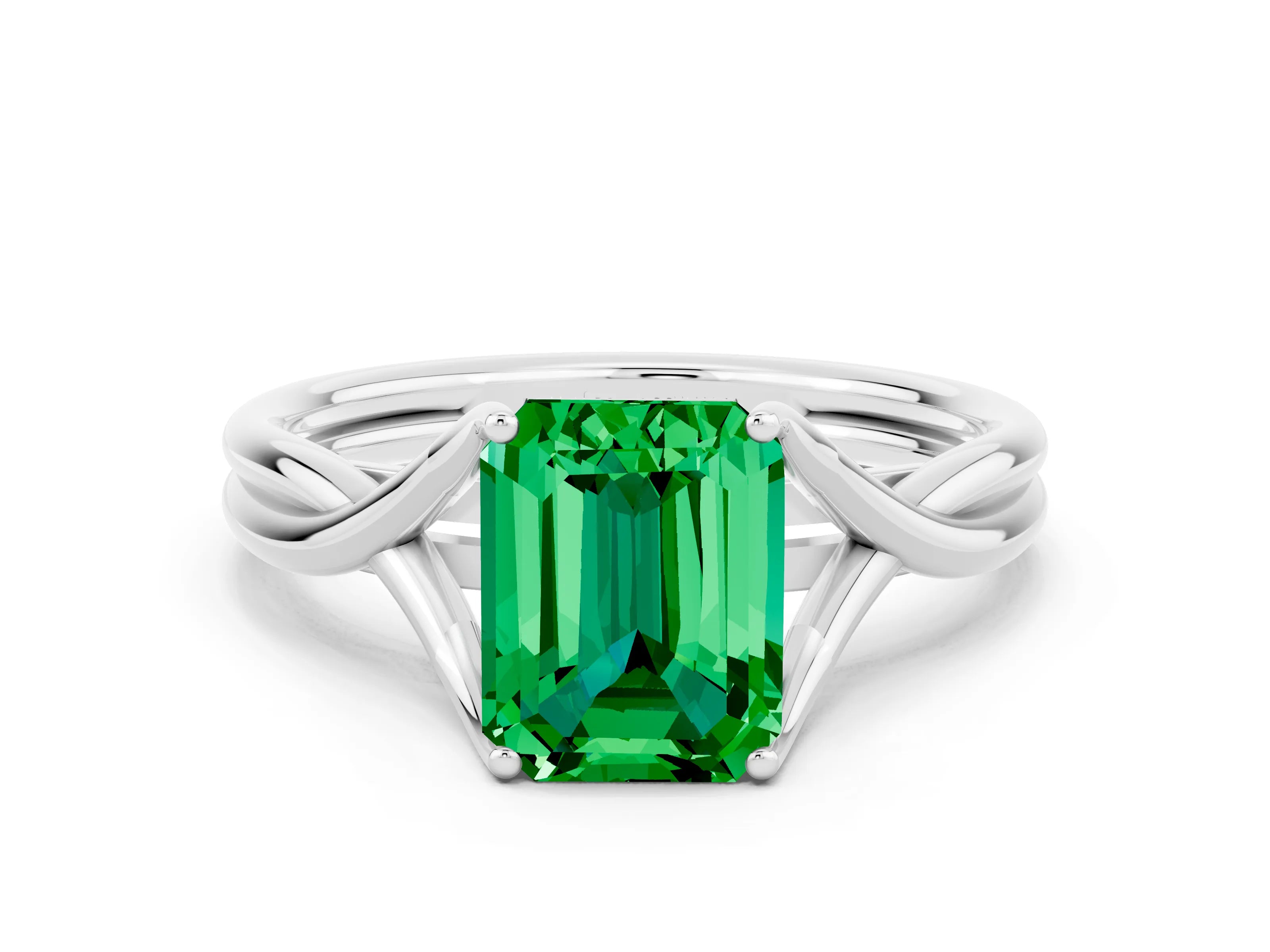 White gold Emerald Cut Emerald Solitaire Twist Band Prong Setting Ring_24