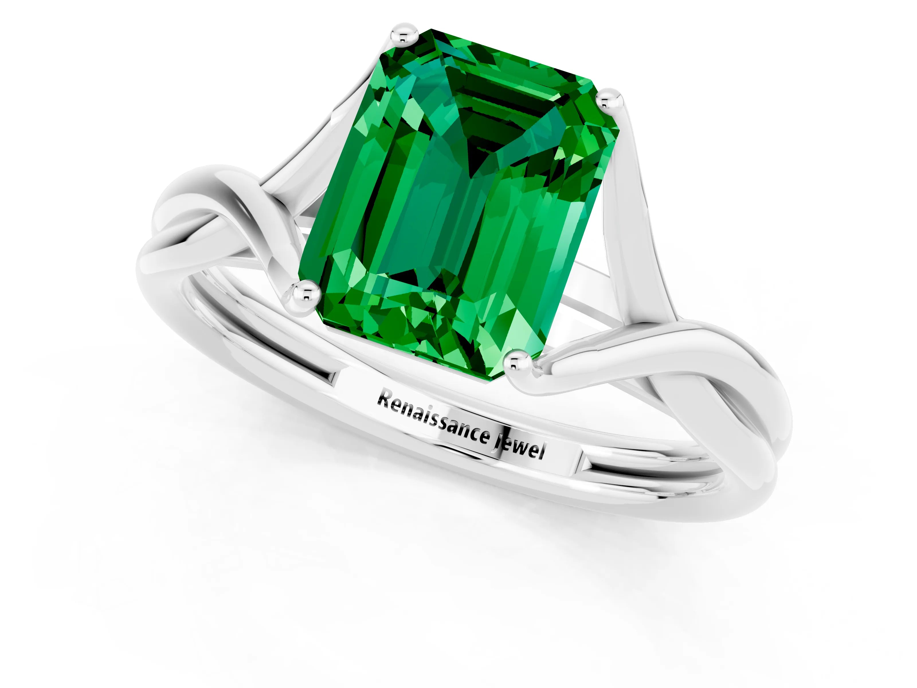 White gold Emerald Cut Emerald Solitaire Twist Band Prong Setting Ring_25