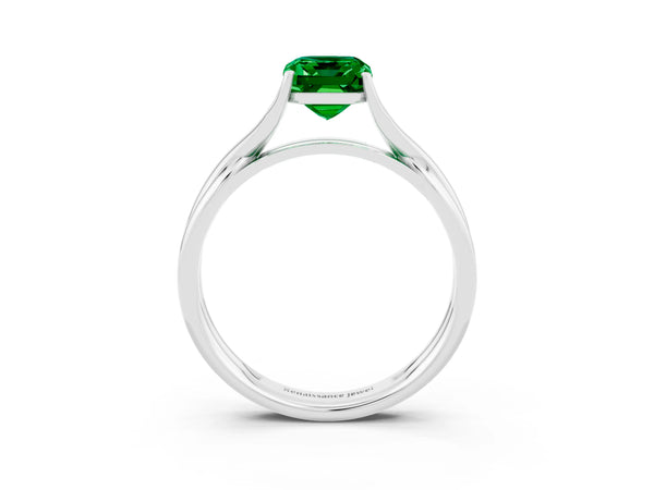 Silver Emerald Cut Emerald Solitaire Twist Band Prong Setting Ring