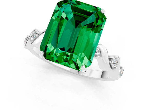 White gold Emerald Cut Emerald Solitaire Twisted Band with Round  Accents and Prong Setting
