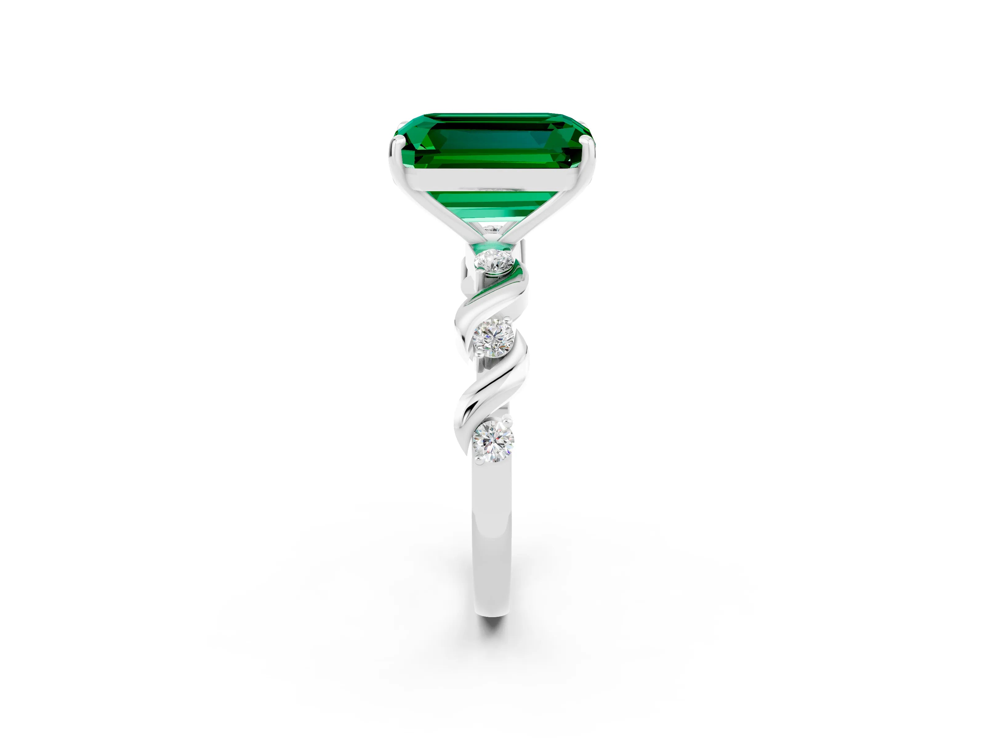 White gold Emerald Cut Emerald Solitaire Twisted Band with Round  Accents and Prong Setting_14