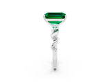 White gold Emerald Cut Emerald Solitaire Twisted Band with Round  Accents and Prong Setting_14