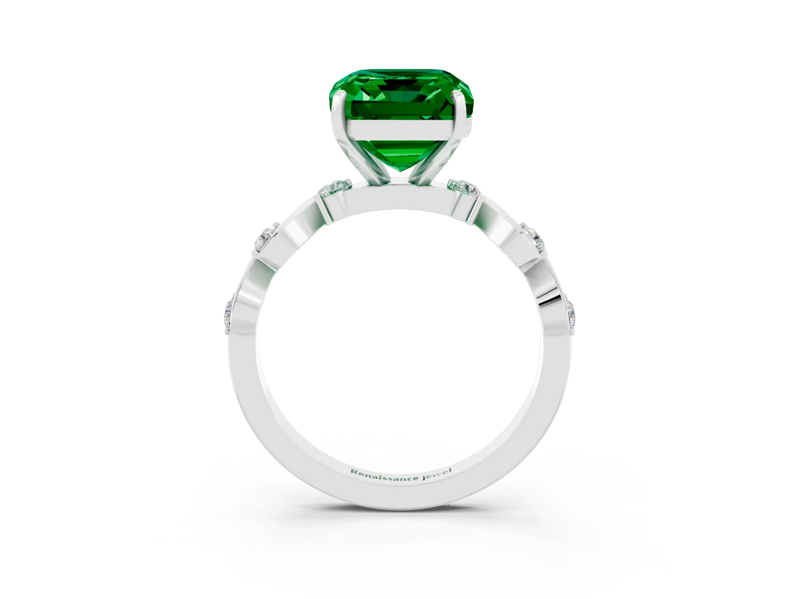 White gold Emerald Cut Emerald Solitaire Twisted Band with Round  Accents and Prong Setting_15