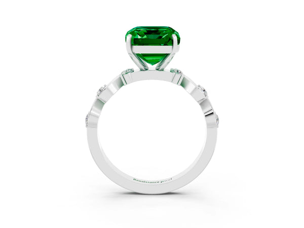 White gold Emerald Cut Emerald Solitaire Twisted Band with Round  Accents and Prong Setting