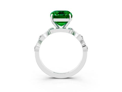 White gold Emerald Cut Emerald Solitaire Twisted Band with Round  Accents and Prong Setting_15