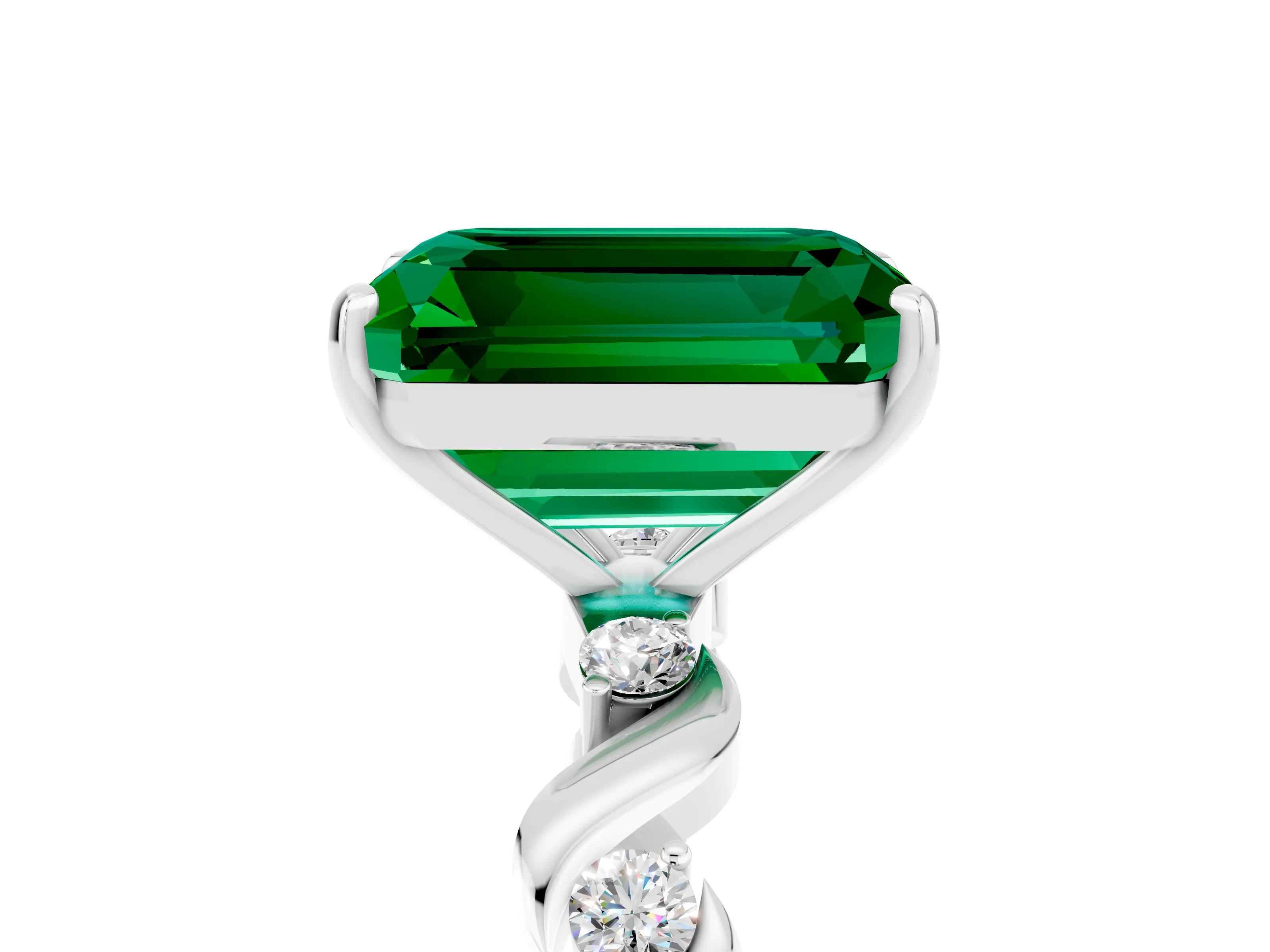 White gold Emerald Cut Emerald Solitaire Twisted Band with Round  Accents and Prong Setting_17