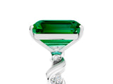 White gold Emerald Cut Emerald Solitaire Twisted Band with Round  Accents and Prong Setting_17