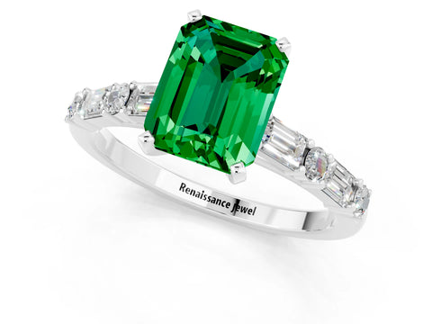 White gold Emerald Cut Emerald Solitaire with Side Baguettes and Channel Set Band_1