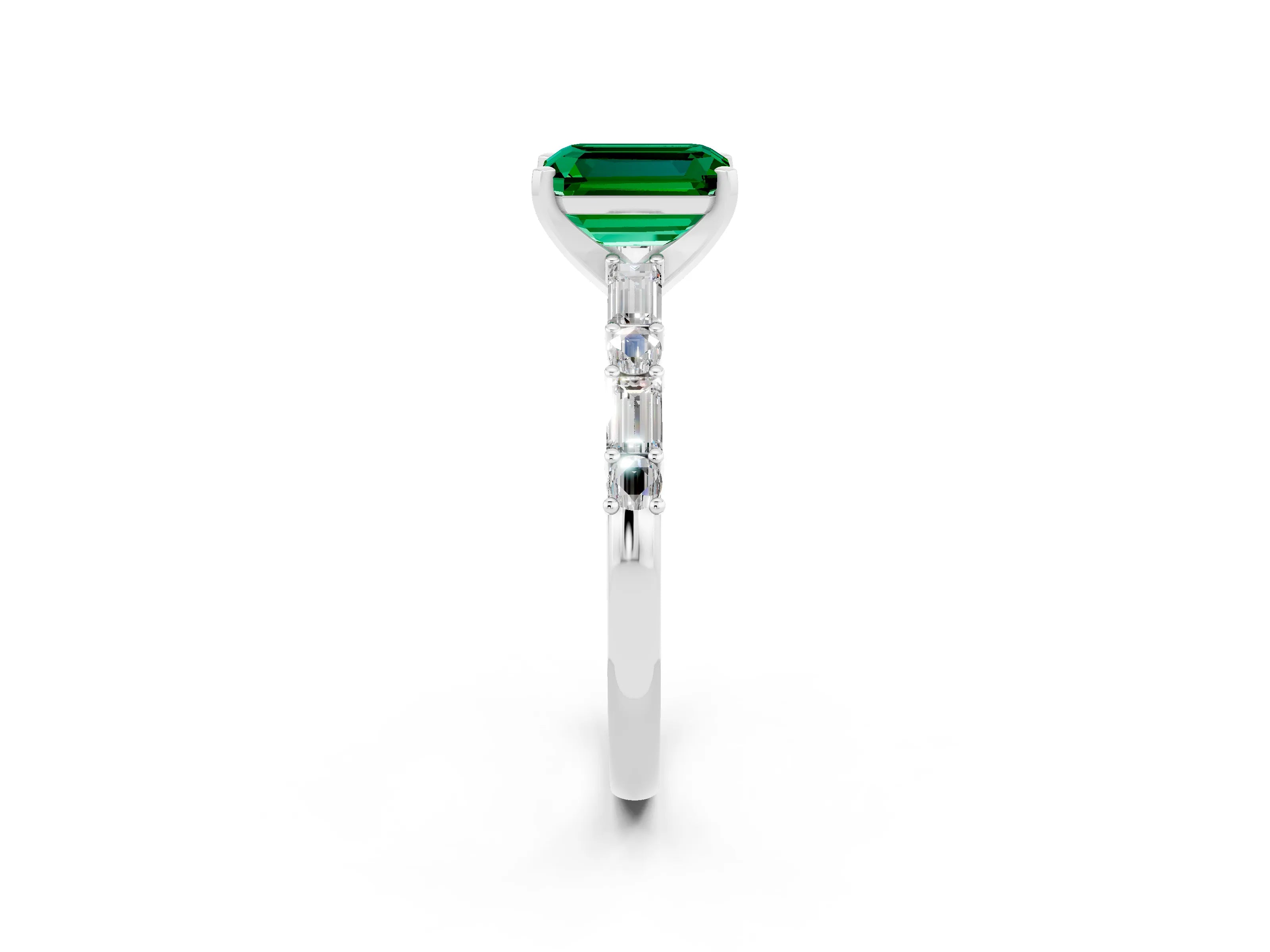 White gold Emerald Cut Emerald Solitaire with Side Baguettes and Channel Set Band_2