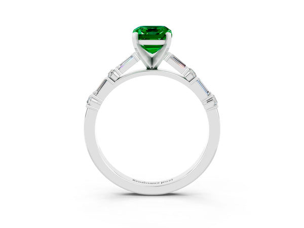 White gold Emerald Cut Emerald Solitaire with Side Baguettes and Channel Set Band