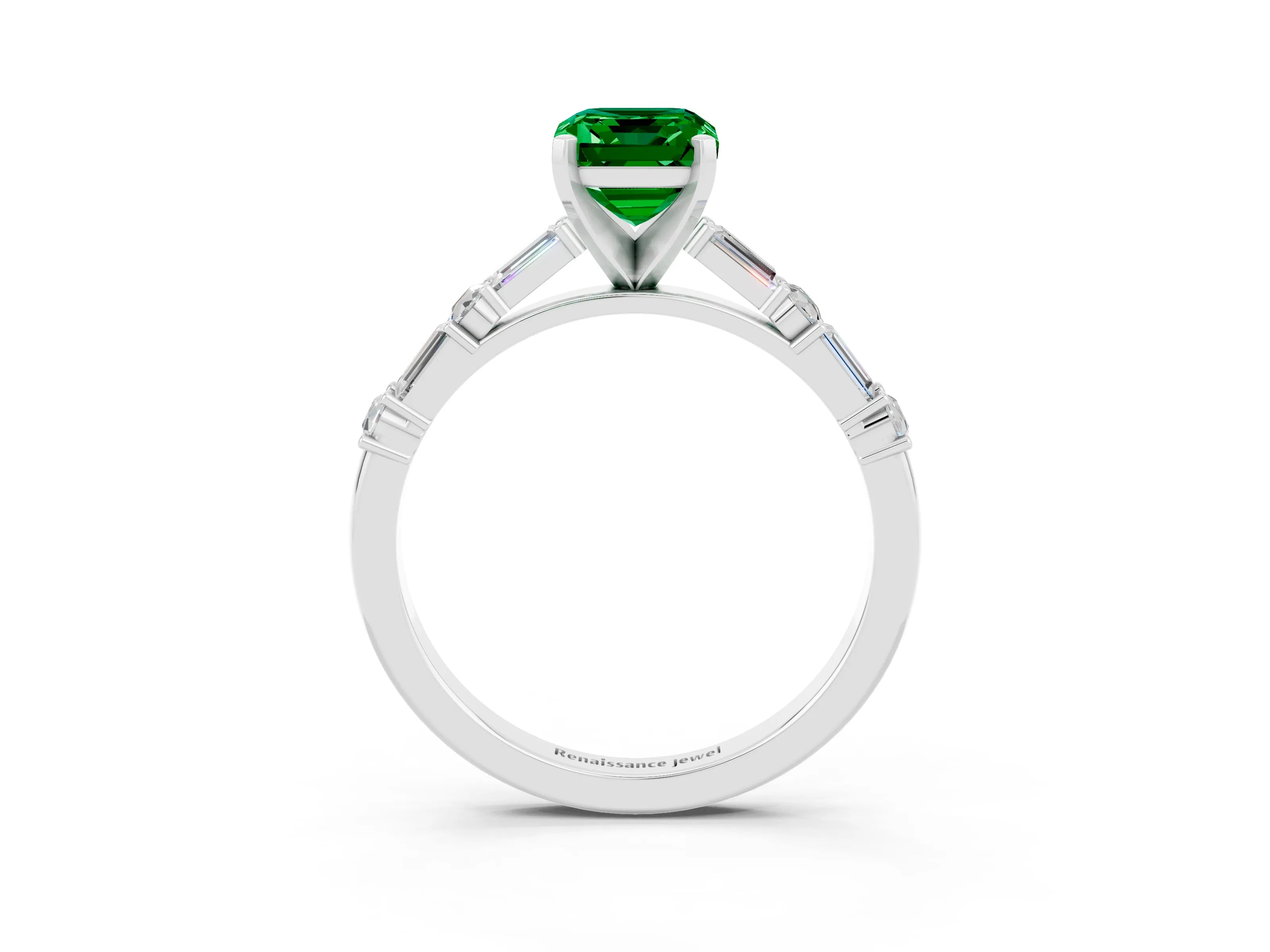 White gold Emerald Cut Emerald Solitaire with Side Baguettes and Channel Set Band_3