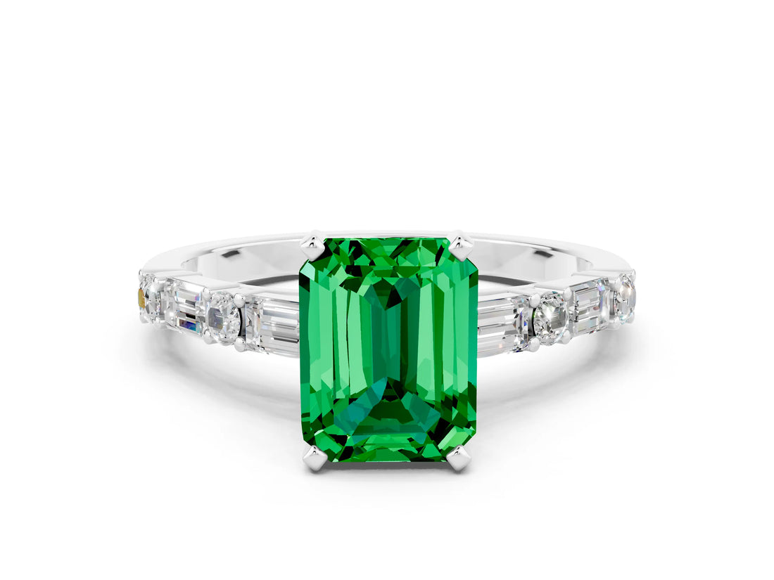 White gold Emerald Cut Emerald Solitaire with Side Baguettes and Channel Set Band