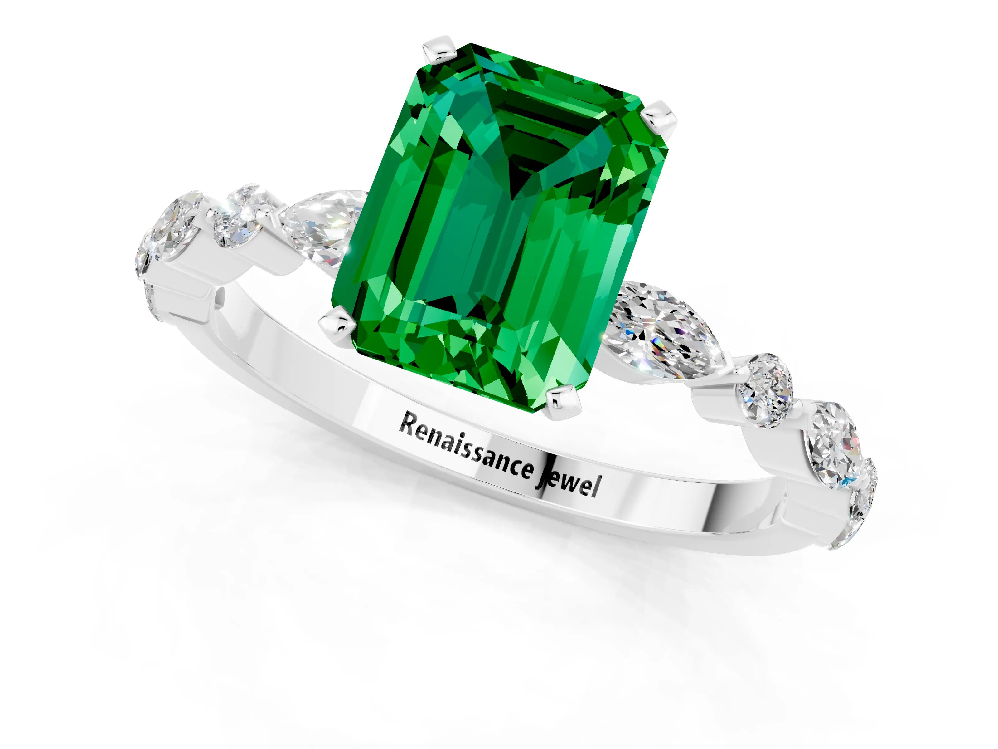 White gold Emerald Cut Emerald Solitaire with Side Stones on a Pavé Band and Four-Prong Setting_1