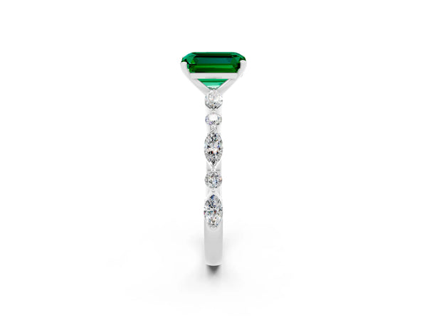 White gold Emerald Cut Emerald Ring with Marquise and Round  Side Stones and Four-Prong Setting
