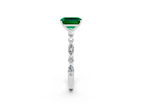 White gold Emerald Cut Emerald Solitaire with Side Stones on a Pavé Band and Four-Prong Setting_2