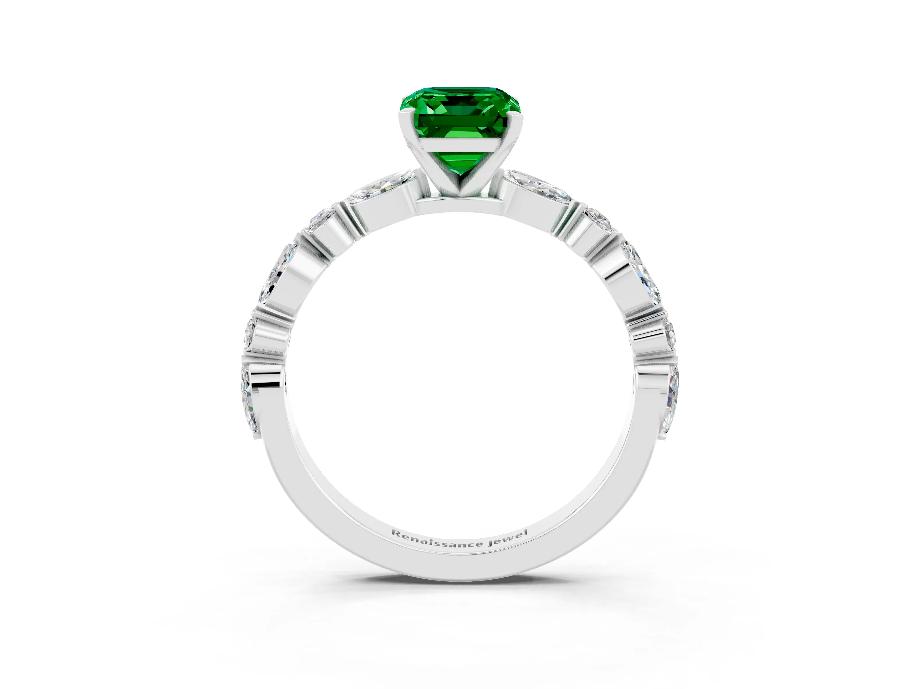 White gold Emerald Cut Emerald Solitaire with Side Stones on a Pavé Band and Four-Prong Setting_3
