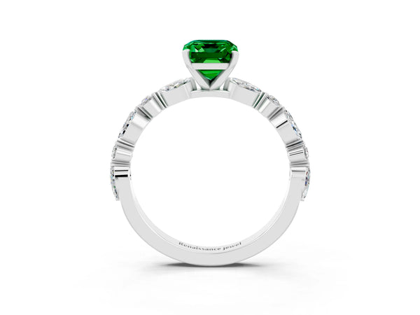 Silver Emerald Cut Emerald Ring with Marquise and Round  Side Stones and Four-Prong Setting