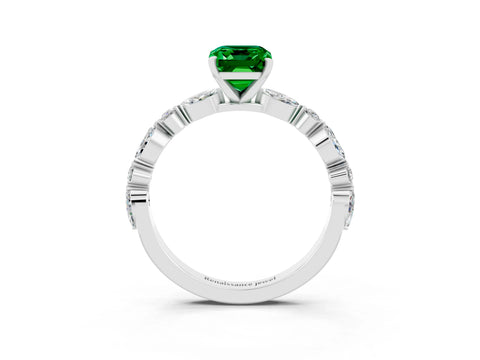 White gold Emerald Cut Emerald Solitaire with Side Stones on a Pavé Band and Four-Prong Setting_3