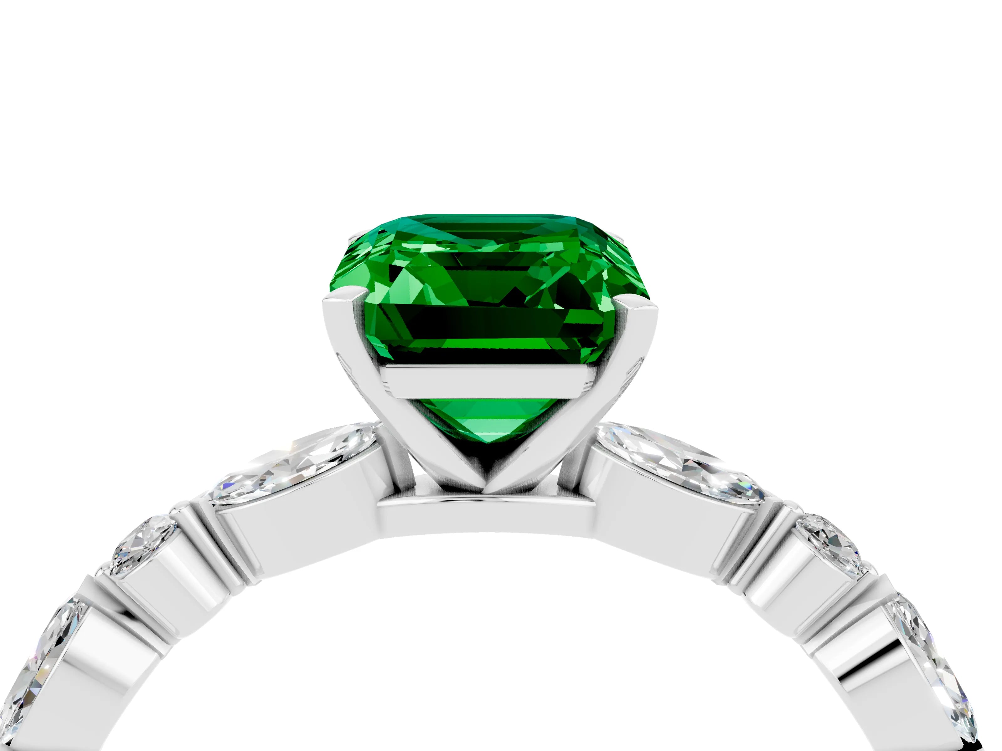 White gold Emerald Cut Emerald Solitaire with Side Stones on a Pavé Band and Four-Prong Setting_4