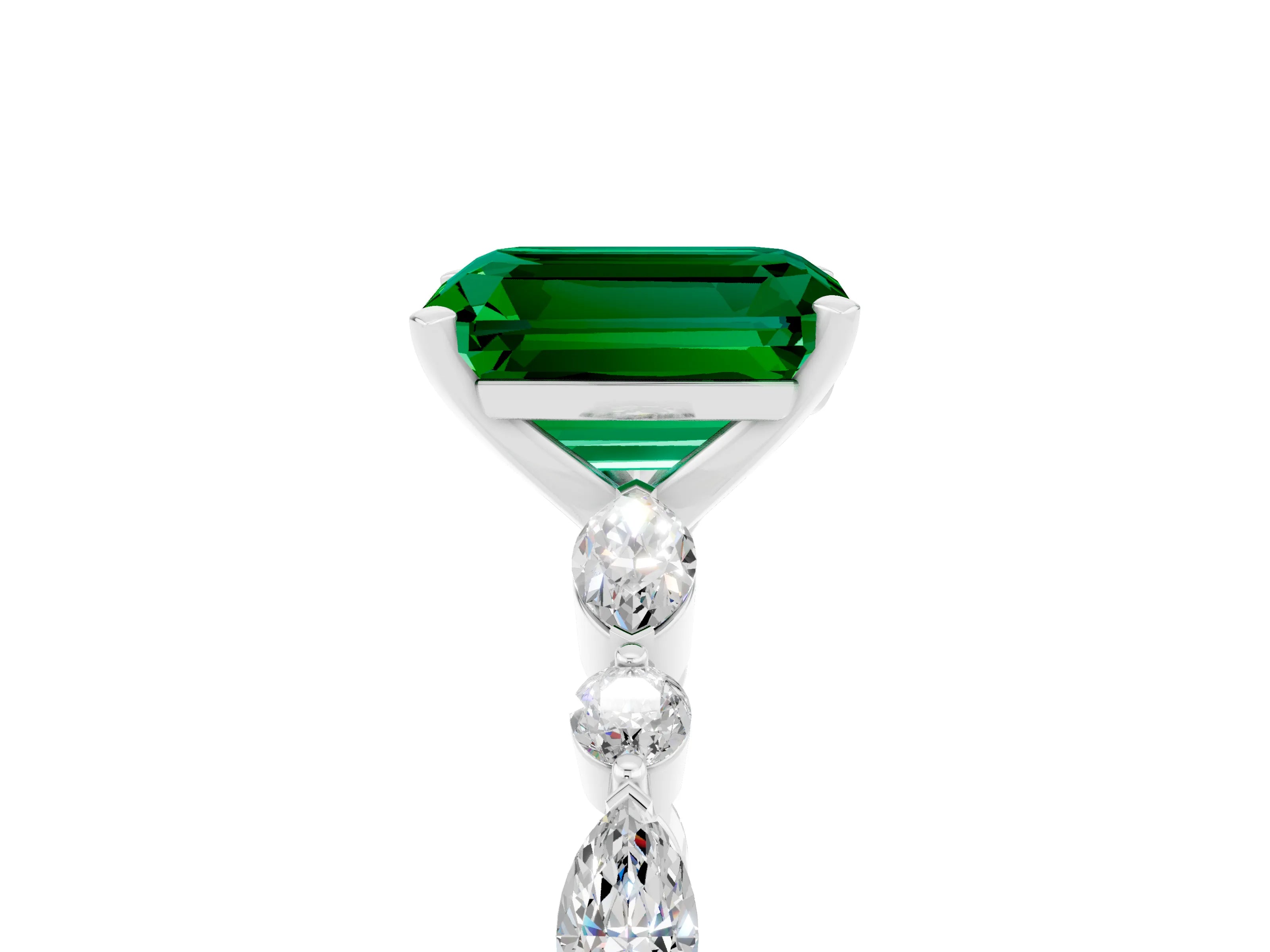 White gold Emerald Cut Emerald Solitaire with Side Stones on a Pavé Band and Four-Prong Setting_5