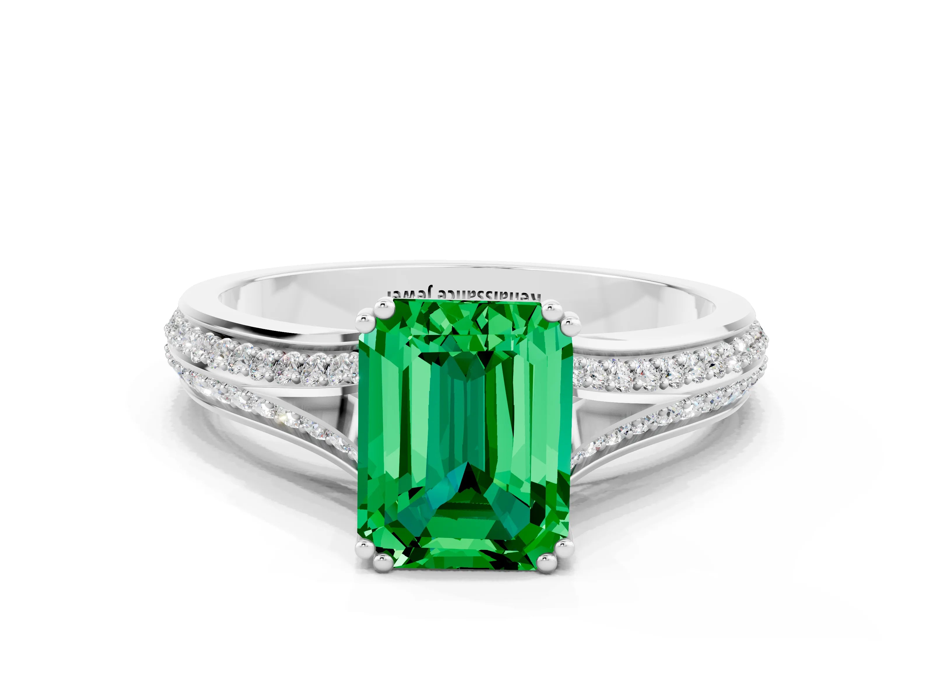 White gold Emerald Cut Emerald Split Shank Engagement Ring with Pavé Band