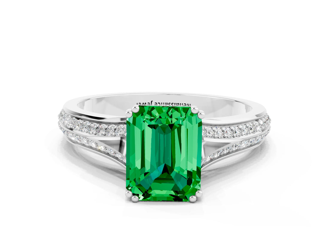 White gold Emerald Cut Emerald Split Shank Engagement Ring with Pavé Band
