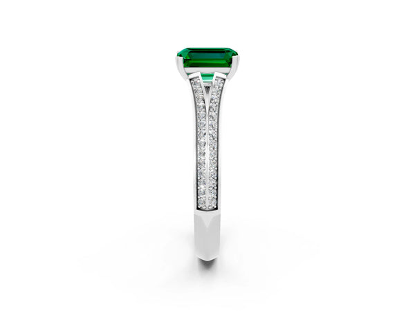 White gold Emerald Cut Emerald Split Shank Engagement Ring with Pavé Band
