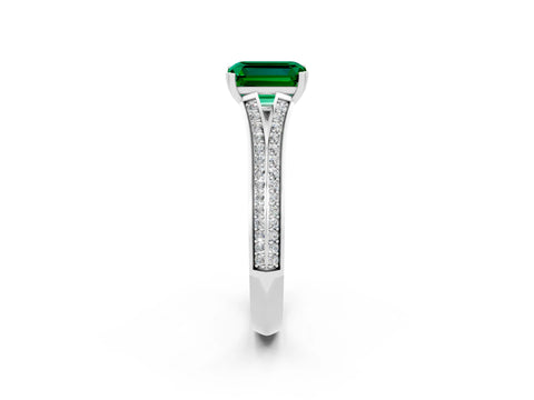 White gold Emerald Cut Emerald Split Shank Engagement Ring with Pavé Band_2