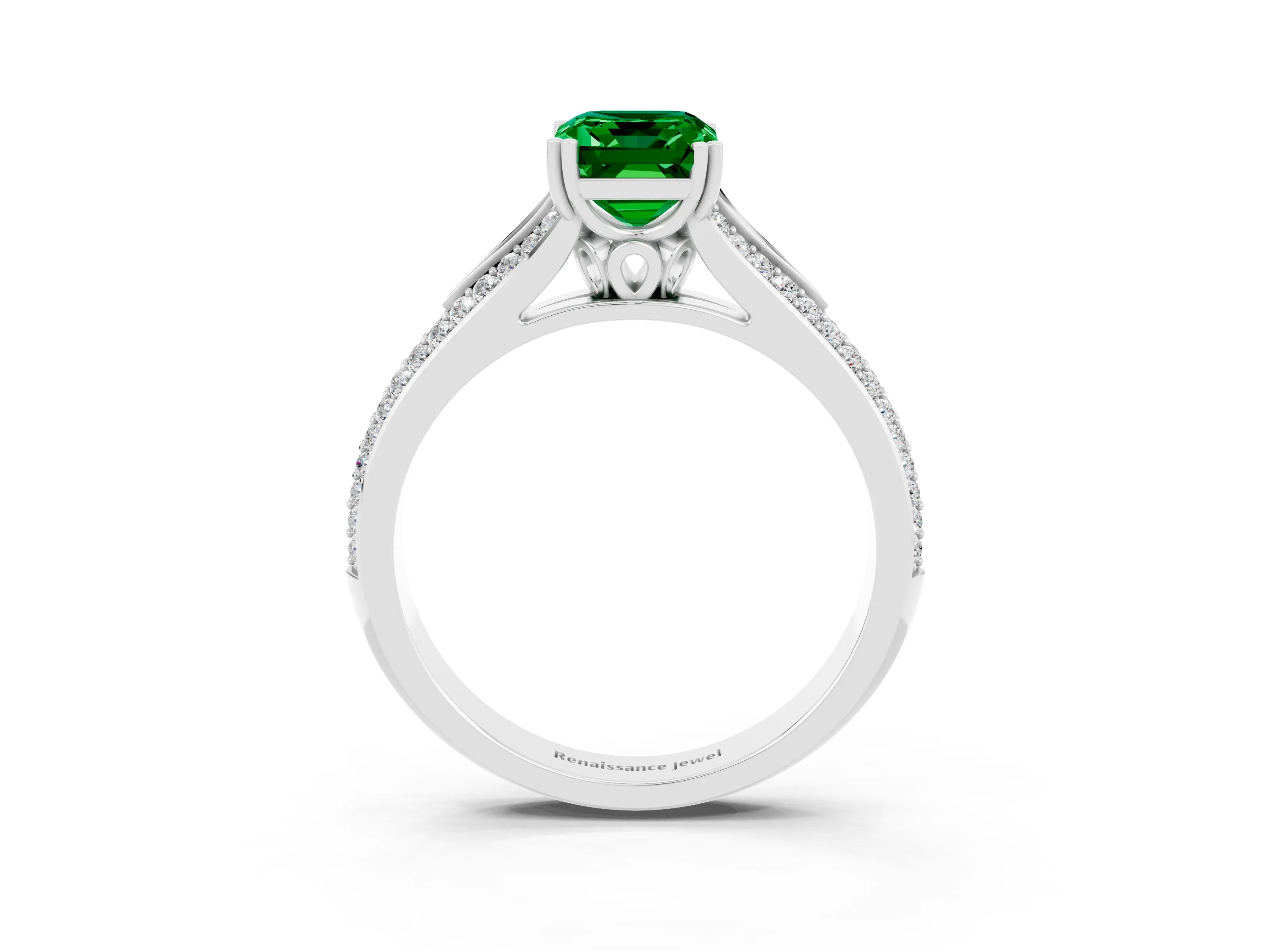 White gold Emerald Cut Emerald Split Shank Engagement Ring with Pavé Band_3