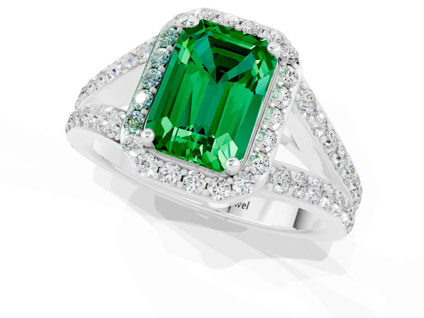Platinum Emerald Cut Emerald Split Shank Halo Ring with Four-Prong Setting