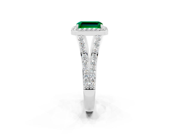 Platinum Emerald Cut Emerald Split Shank Halo Ring with Four-Prong Setting