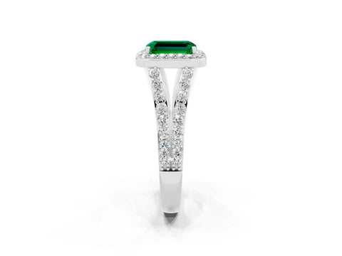 White gold Emerald Cut Emerald Split Shank Halo Ring with Four-Prong Setting_14
