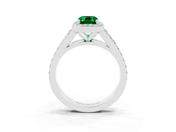 Platinum Emerald Cut Emerald Split Shank Halo Ring with Four-Prong Setting